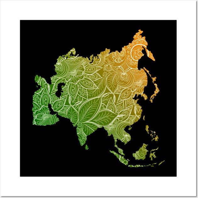 Colorful mandala art map of Asia with text in green and orange Wall Art by Happy Citizen